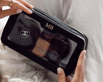 Bolsa de maquiagem personalizada com monograma, bolsa de cosméticos de couro Saffiano, presente personalizado para ela, bolsa de viagem de cosméticos transparente