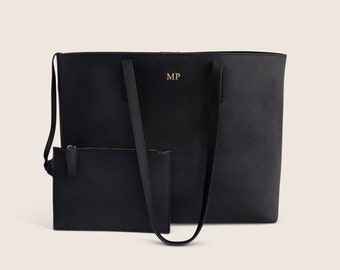 Personalised Leather Tote Bag, Monogram Leather Tote for Women, Black Leather Tote Bag with Initials, Shoulder Leather Bag, Leather Handbag