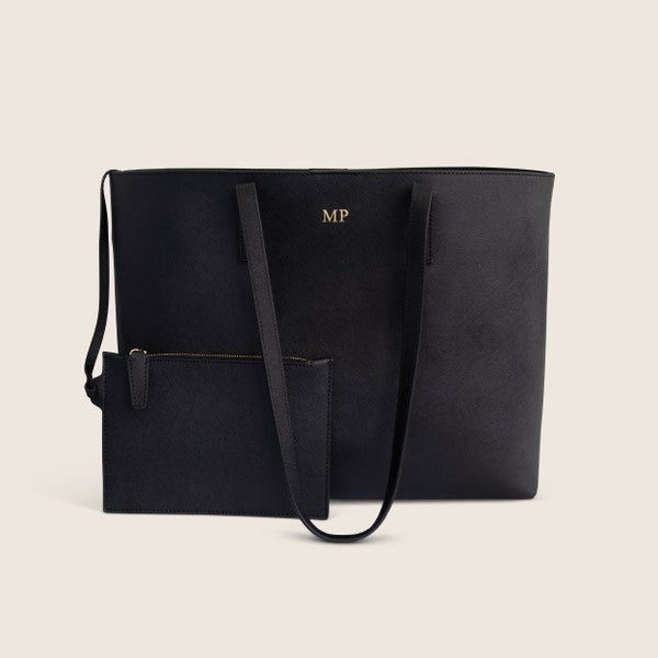 Personalised Leather Tote Bag, Monogram Leather Tote for Women, Black Leather Tote Bag with Initials, Shoulder Leather Bag, Leather Handbag