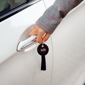 Personalized Genuine Leather Saffiano Keyring, Monogram, Black, Tassel Keyring