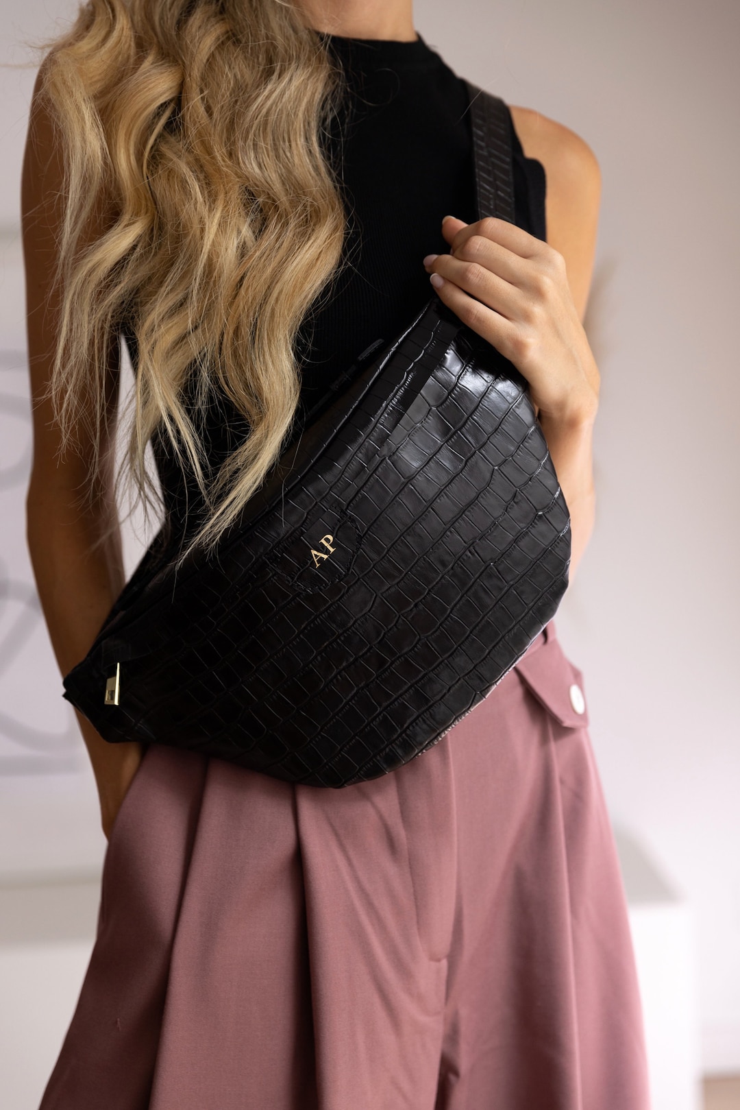 Marsupio in pelle personalizzato, vera pelle di coccodrillo, borsa a