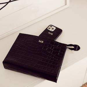 Black Personalised Leather Croc Clutch Bag, Monogram Pouch Bag, Girft for Her, Bridesmaid Gift, Leather Bag image 3