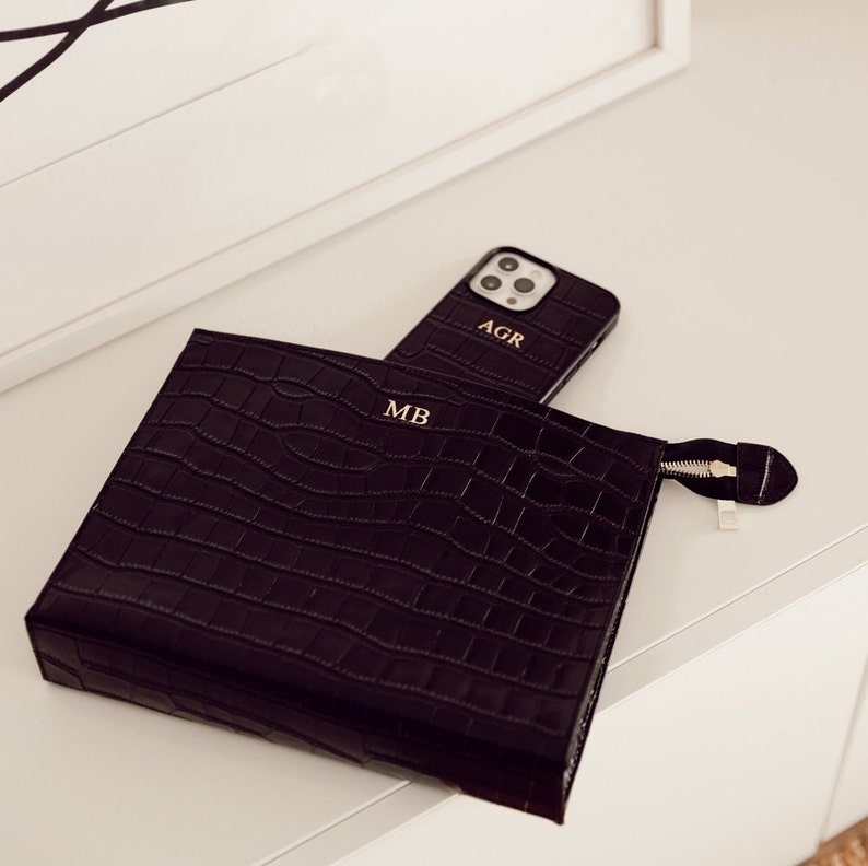 Black Personalised Leather Croc Clutch Bag, Monogram Pouch Bag, Girft for Her, Bridesmaid Gift, Leather Bag image 3