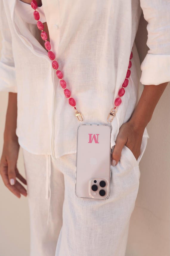 Custom iPhone Cover with Pink Beaded Stone Shapes Strap, iPhone 16 Pro Max Case, 15, 14, 13