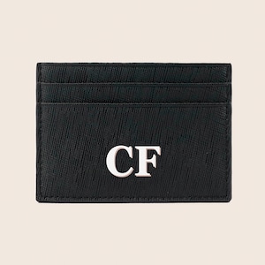 Porte-cartes personnalisé en cuir saffiano monogrammé, noir et blanc, cuir véritable, porte-cartes initial, cadeaux pour elle