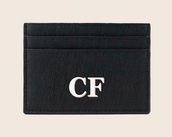 Porte-carte en cuir Saffiano monogrammé personnalisé, noir et blanc, cuir véritable, porte-carte initial, cadeaux pour elle