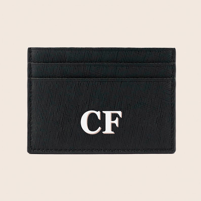 Personalised Monogrammed Saffiano Leather Cardholder, black and white, Genuine Leather , initial cardholder, gifts for her image 1