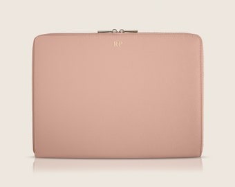 Étui personnalisé en cuir Saffiano 13 pouces pour ordinateur portable, pochette Macbook, cuir véritable, monogramme avec nom / initiales