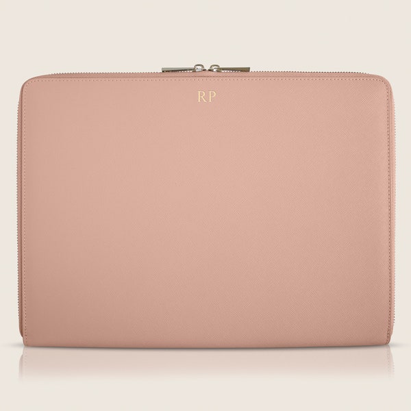 Étui personnalisé en cuir Saffiano 13 pouces pour ordinateur portable, pochette Macbook, cuir véritable, monogramme avec nom / initiales