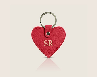 Personalized Genuine Leather Saffiano Heart Keyring, Monogram, Red, Keyring