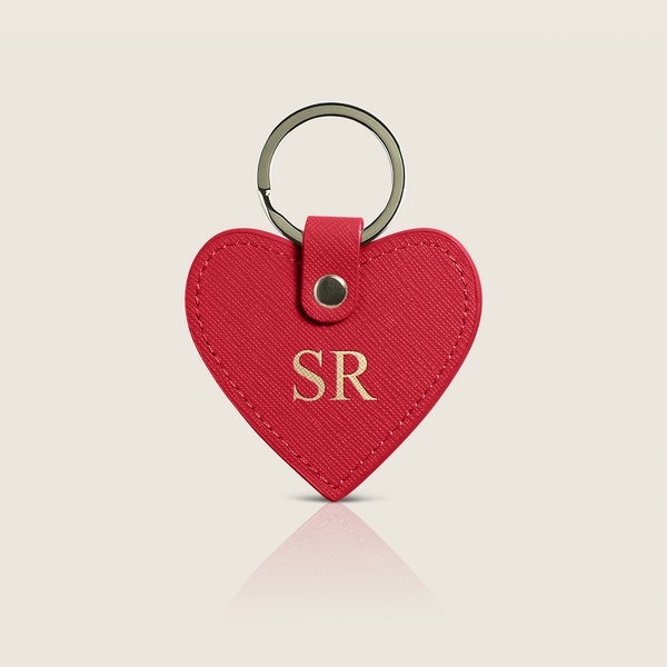 Personalized Genuine Leather Saffiano Heart Keyring, Monogram, Red, Keyring