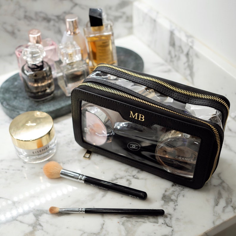 Personalised Make up Bag with monogram, Saffiano Leather cosmetic bag, Personalized gift for her, Clear Cosmetic Travel Bag image 2