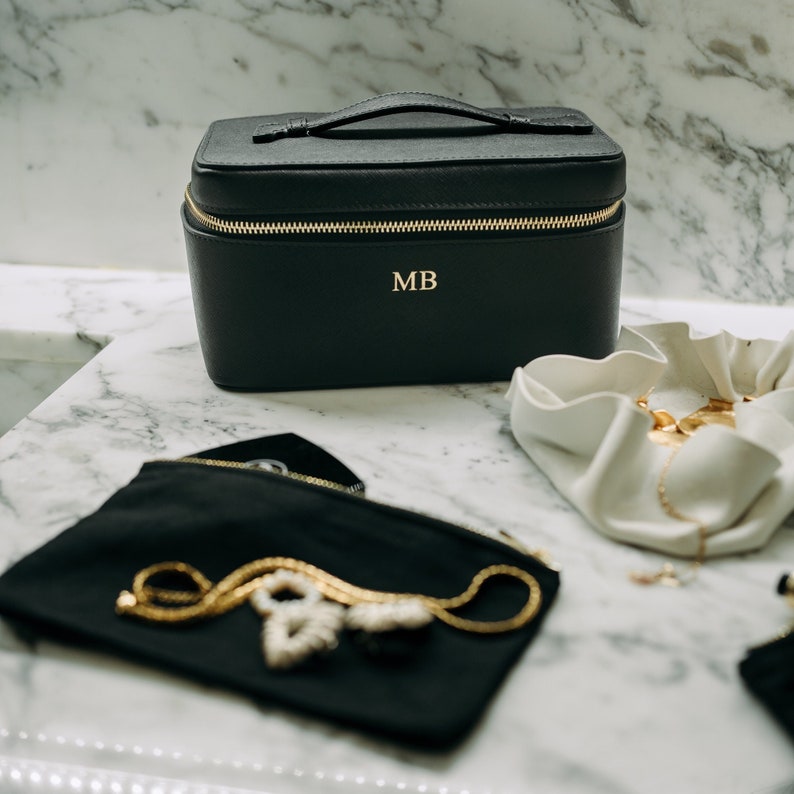 Personalised Black Saffiano Leather Vanity Case Makeup Bag Etsy