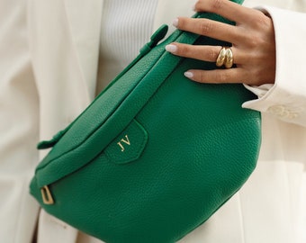 Bumbag de cuero personalizado, cuero real verde, bolso Crossbody, bolso de cuero genuino, bolso de cuero