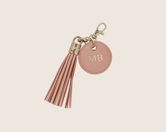 Personalized Genuine Leather Saffiano Keyring, Monogram, Black, Tassel Keyring