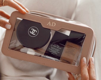 Personalized Leather Cosmetic Bag with Monogram, Clear Sides
