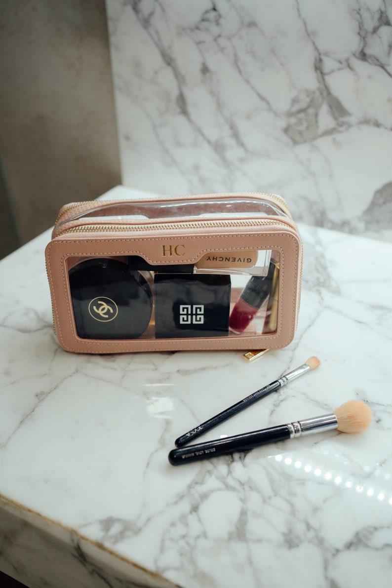 Personalised Make up Bag with monogram, Saffiano Leather cosmetic bag, Personalized gift for her, Clear Cosmetic Travel Bag zdjęcie 5