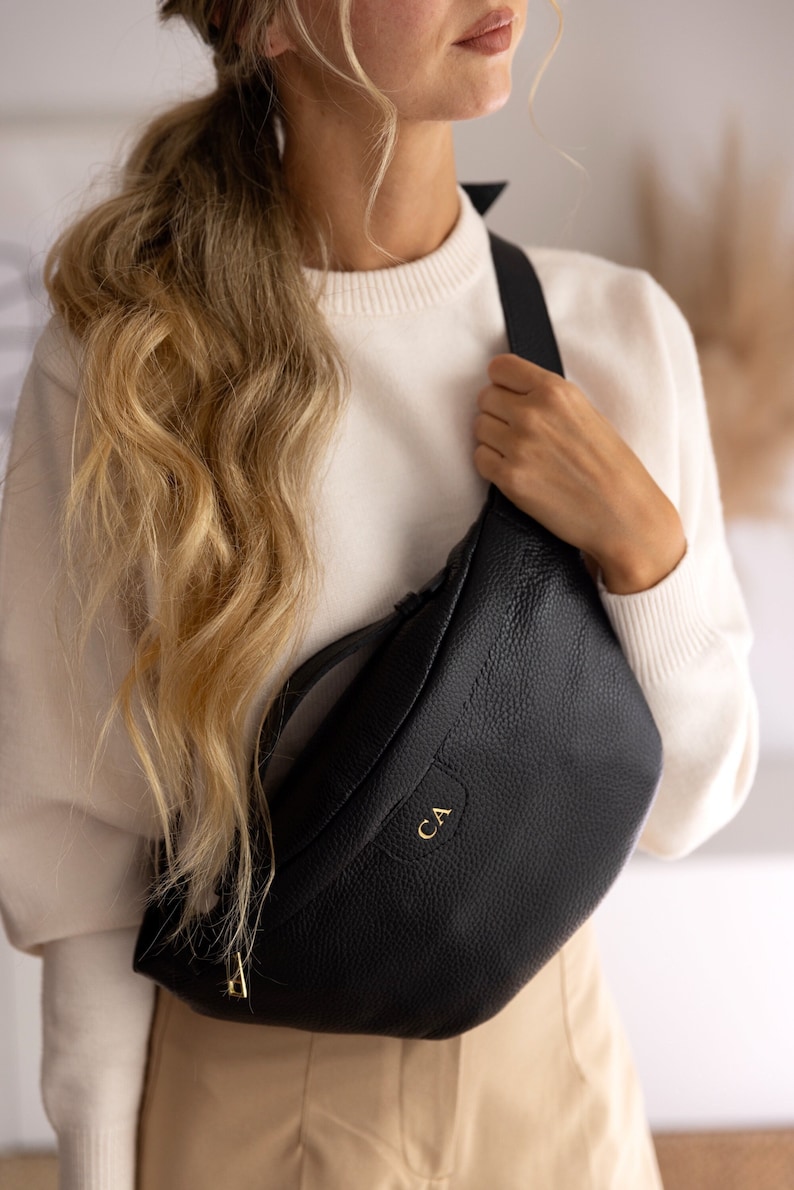 Sac banane en cuir personnalisé, noir, cuir véritable, sac à bandoulière, sac banane en cuir véritable, sac en cuir Noir