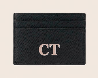 Porte-carte en cuir Saffiano monogrammé personnalisé, noir et nune, cuir véritable, titulaire initial de la carte, cadeaux pour elle