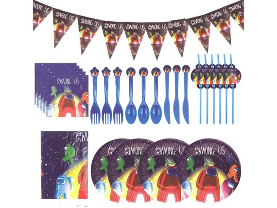 Including Among Us theme Party Banners Knives Spoons Cake Toppers Among Us Party Supplies Among Us Birthday Decorations for Among Us Themed Kids Birthday Party Forks Table cover Plates Balloons Napkins