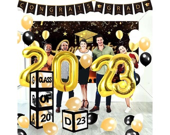 Graduation Decorations 2023 - Graduation Party Supplies Including Banner, Backdrop, Balloons, Balloons Box with 2 Pcs " GRAD " and "ClASS OF