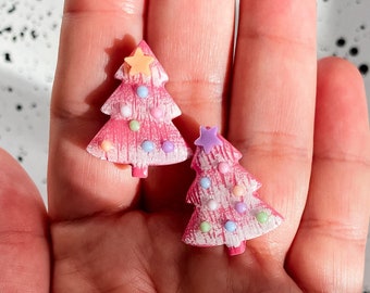 Pink Christmas Tree Stud Earrings: Vintage Polymer Clay Holiday Jewelry