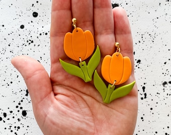 Orange Tulip Statement Earring, Lime Green Floral Earrings, Marigold Flower Earring, Spring Polymer clay Earring, Colorful Dangle Earring