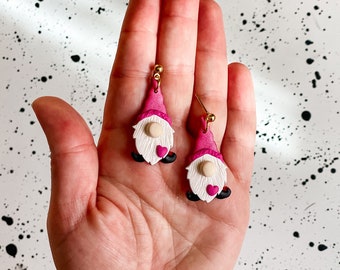 Valentine's Day Gnome Earrings | Polymer Clay Dangle Gnome Earrings | Romantic Gnome Statement Jewelry, Quirky Pink Valentines Earrings