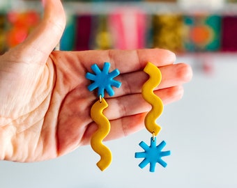 Honeycomb Yellow Squiggle Star Polymer Clay Dangle Earrings For Spring