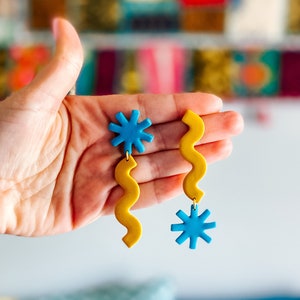 Honeycomb Yellow Squiggle Star Polymer Clay Dangle Earrings For Spring
