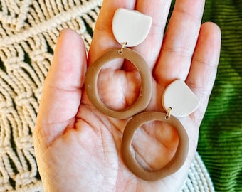 Brown Hoop Earrings, Big dangle earrings, gift for mom, statement earring, earth tone jewelry, Fall Jewelry, Autumn Accessories, Beige hoops