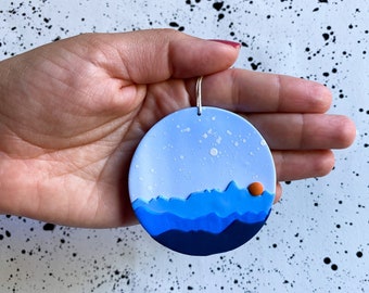 Blue Ridge Mountain Christmas Ornament, Handmade Polymer Clay, Adventure Gift