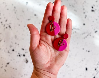 Valentine's Day Red Earrings | Polymer Clay Pink Red Gold Earrings, Lightweight Statement Dangle Earrings, Valentines Gift For Mom