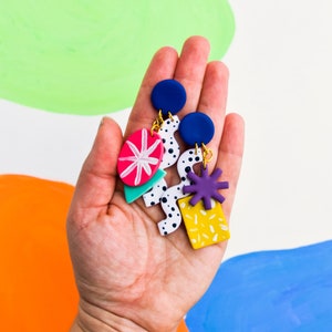 Unique Mix Match Earrings | Polymer Clay Dangle Statement Earring | Large Funky earring for bold quirky outfit, Colorful Weird Earrings