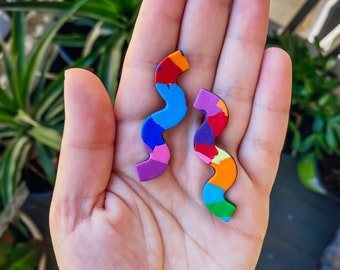 Abstract Squiggle Earrings: Rainbow Polymer Clay Wavy Jewelry