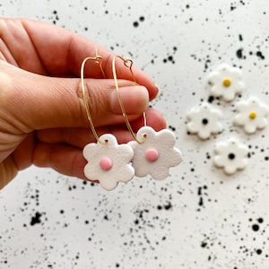 Interchangeable Daisy Hoop Earrings: Handmade Polymer Clay Flower Charms