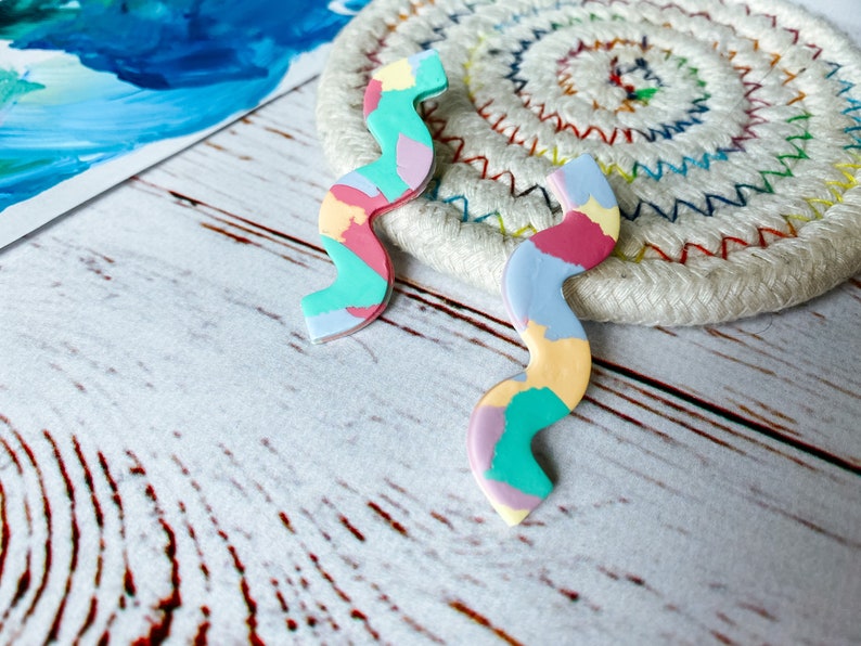 Abstract Squiggle Earrings, Wavy Statement Earrings, Rainbow Squiggly jewelry, Colorful Polymer clay, teacher gift for Grand Millennial image 8