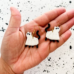 Black Cat Ghost Earring | Halloween Polymer Clay Cat Ghost Earring, Cute Black Cat Dangle Earring, Cat Lady Gift, Spooky Season Accessories