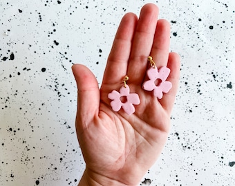 Pink Flower Statement Earring, Floral Earrings, Small Dangle earring, Spring Styles,  polymer clay Earring, Bold Funky dangle Earring