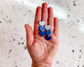 Blue Valentine's Day Heart Earrings | Polymer Clay Gradient Heart Earrings, Lightweight BlueOmbre Hearts, Statement Dangle Earrings