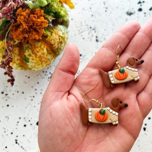 May include: A pair of dachshund earrings. Each earring features a brown dog wearing a cream-colored sweater with a pumpkin design. The earrings have gold-colored hooks and are set against a hand and a decorative gourd.