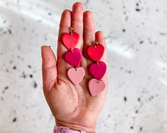 Valentines Day Polymer Clay Heart Earrings, Matching Mommy & Me, Lightweight Pink Ombre Heart, Statement Dangle Earrings, Clip Ons