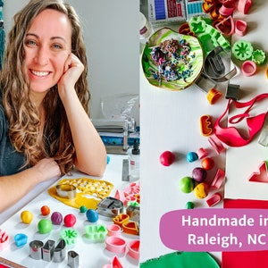 May include: A woman sits at a table with colorful polymer clay and tools for making jewelry. The table is covered with a white tablecloth. The woman is smiling and looking at the camera. The text "Handmade in Raleigh, NC" is visible in the image.