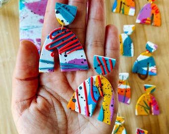 90s Abstract Polymer Clay Dangle Earrings, Statement Earrings • Drop Earrings for Everyday • Birthday Gift for Her • Colourful jewellery
