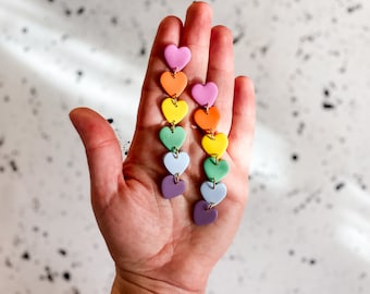 Valentine's Day Pastel Heart Earrings | Polymer Clay Gradient Heart Earrings, Lightweight Pastel Ombre Hearts, Statement Dangle Earrings