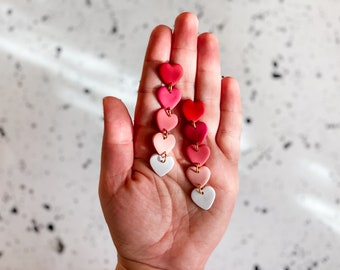 Valentines Day Polymer Clay Heart Earrings, Matching Mommy & Me, Lightweight Gradient Pink Heart, Minimalist Heart Dangle Earrings, Clip Ons