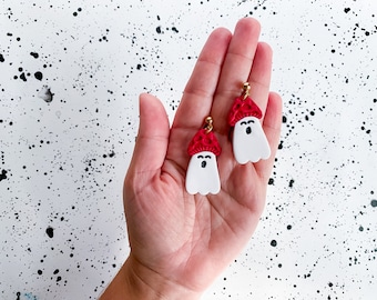 Mushroom Ghost Earrings: Handmade Polymer Clay Halloween Dangles