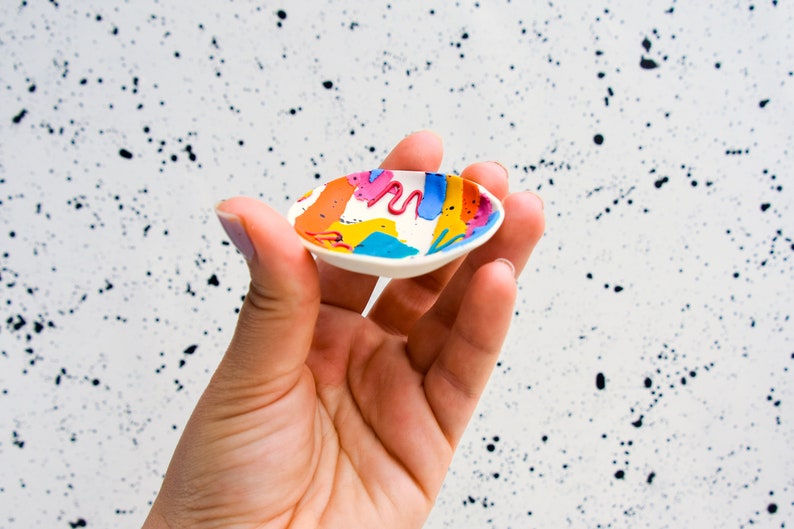 Colorful Abstract Trinket Dish Clay Trinket Dish Bright Multicolor 90s Retro Jewelry Bowl for Rings and Earrings image 4