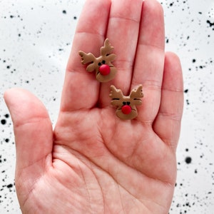 Reindeer Stud Earring | Polymer Clay Holiday Reindeer Earring | Gift for Mom, Red Nose Reindeer Stud Earrings, Holiday Gift