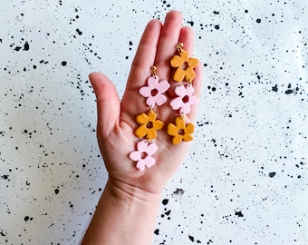 Pink Flower Statement Earring, Yellow Floral Earrings, Mix Match earring, Spring Styles,  polymer clay Earring, Bold Funky dangle Earring